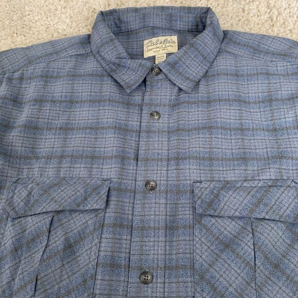 Cabelas Shirt Men XXL Plaid Long Sleeve Nylon Polyester Fuzzy Flannel Blue Plaid - Picture 1 of 7